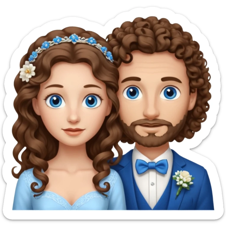 wedding couple, woman has very long and lightly curled brown hair and blue eyes, man has short light brown curly hair and facial hair with blue eyes sticker