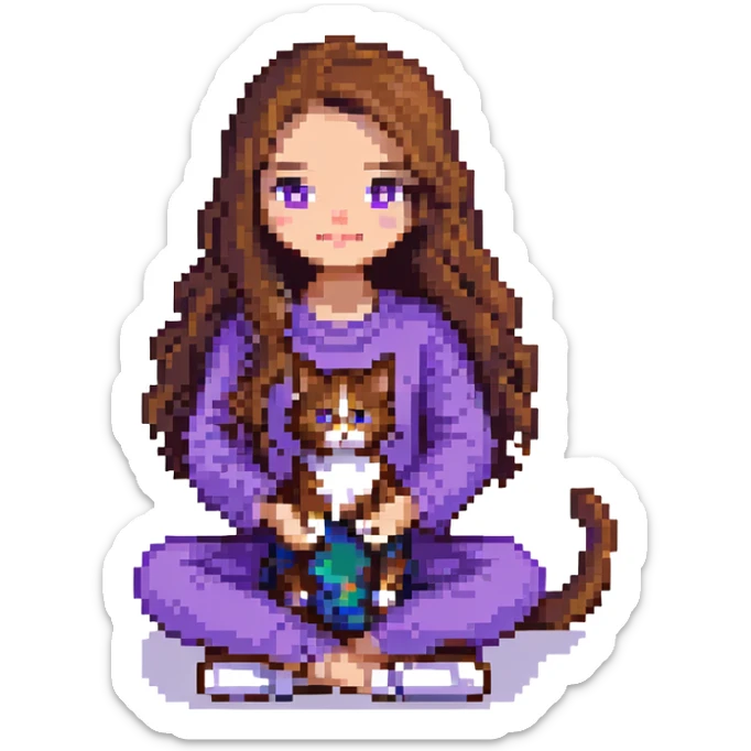 girl with long wavy brown hair and brown eyes wearing purple clothes sitting with a three-color cat pixel art sticker