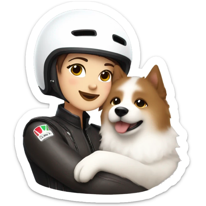 Girl biker white skin and brown short hair with a agv helmet hugging a Samoyed  sticker