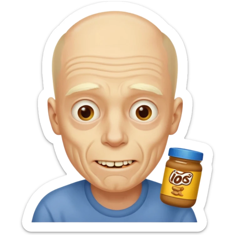 White man, barely any hair, lots and lots of wrinkles, bad yellow teeth, and peanut butter. Cerebral palsy sticker