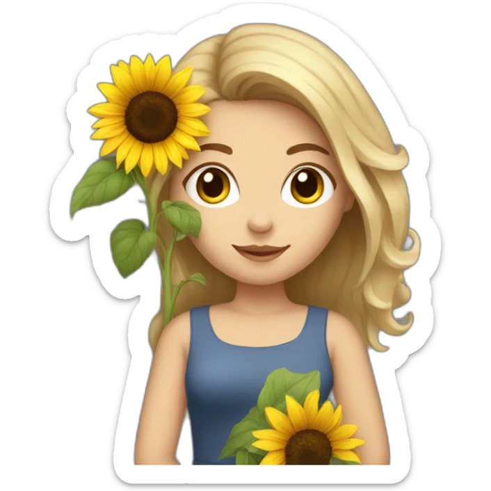 Gorgeous white woman with dark brown hair holding a sunflower sticker