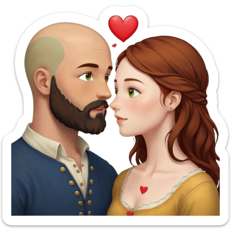 Couple. Bald man with dark brown-black beard. Woman with many small, faded, round freckles, white skin and she has auburn-yellow-brown-caramel-cinnamon dark hair. She has light yellow-brown-green eyes. He have hazel-blue eyes. They look at each other. Many small red hearts around them. sticker