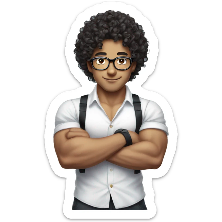 curly hair show biceps asian glasses white shirt braces sticker