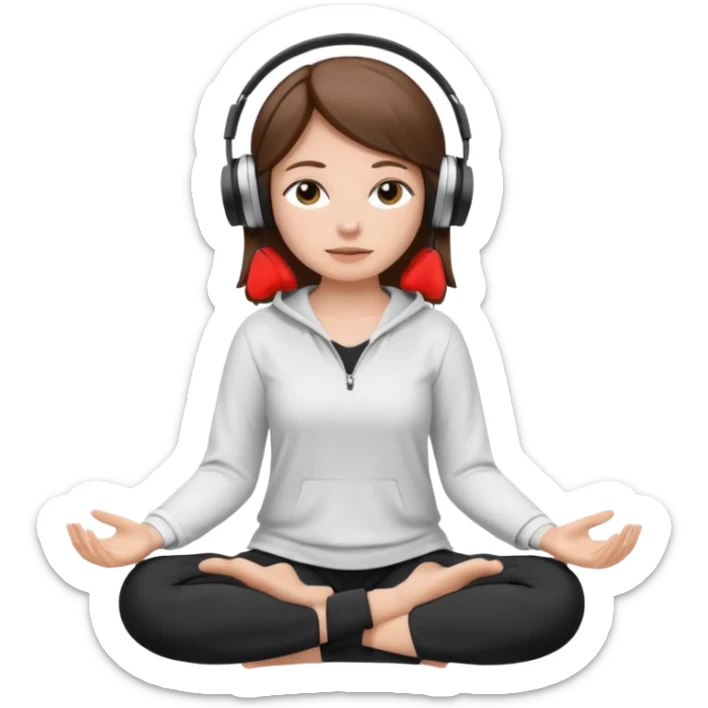 White girl, brown hair meditating with headphones on and black and white clothes sticker