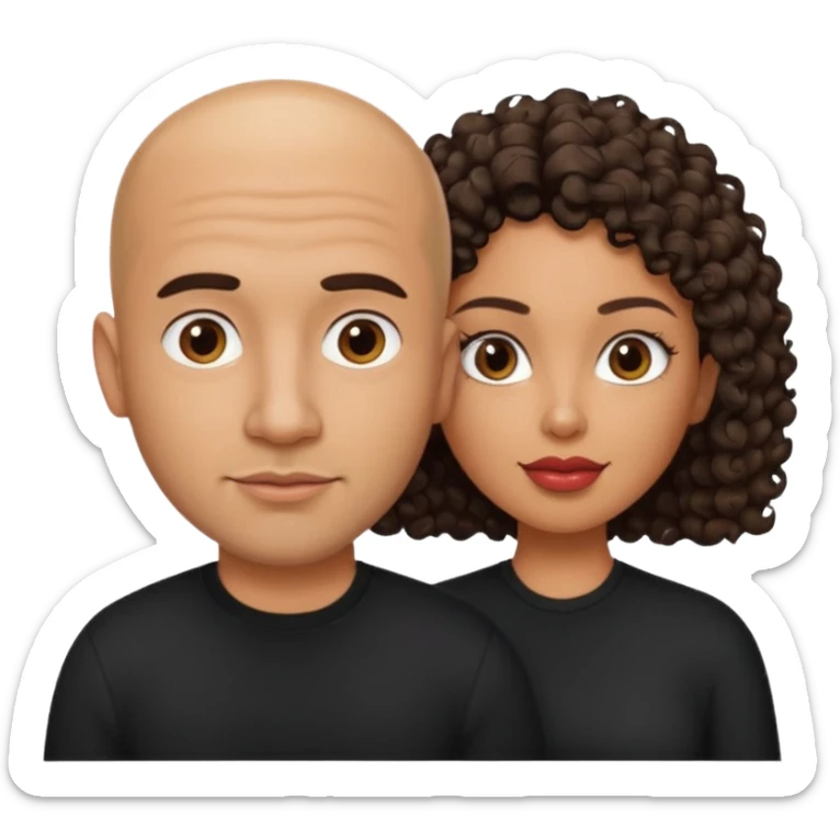 A picture of a tanned couple. the man is a Mexican man with tanned skin, a bald hair cut, short beard and wearing a black shirt. the woman is mixed, with curly medium length hair, with big boobs and lips  sticker