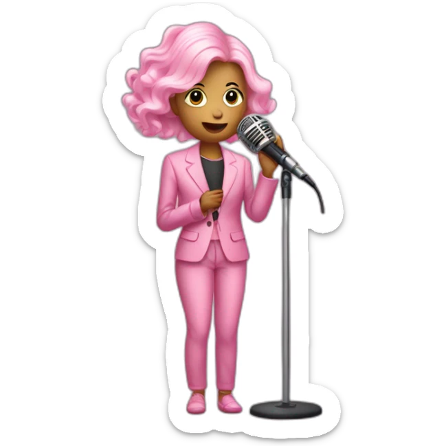 Pink skin newborn-in-suit-singing-into-microphone-stand-holding-stand-(full-body,-ios17,-somber) sticker