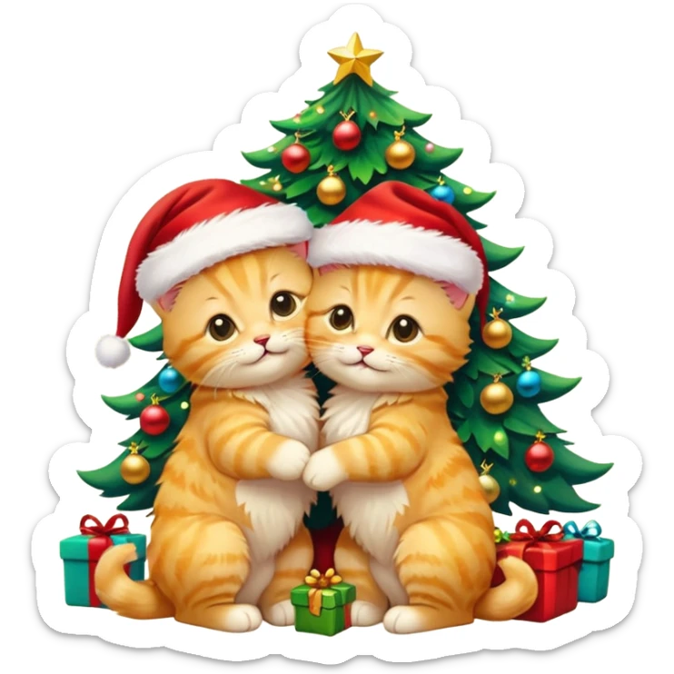 2 cute hugging happy fluffy golden kittens with Santa hats by a colorful multicolored brightly lit up Christmas tree sticker