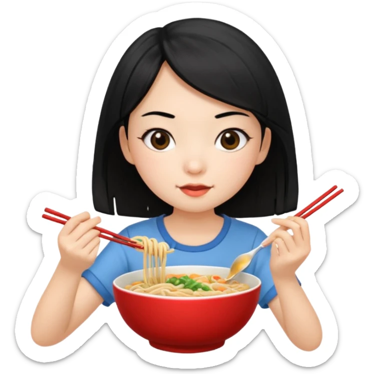 girl with black hair in short sleeves eating noodles with a spoon and chopsticks sticker