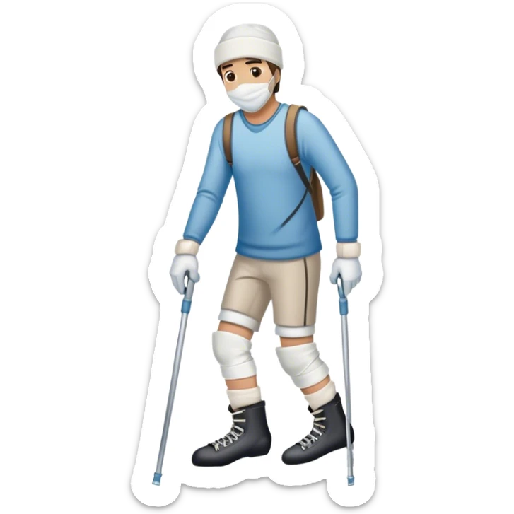 una hombre con el pie vendado en  muletas para lesionados con unos patines de hielo en la mano y cara de lesión 
 sticker