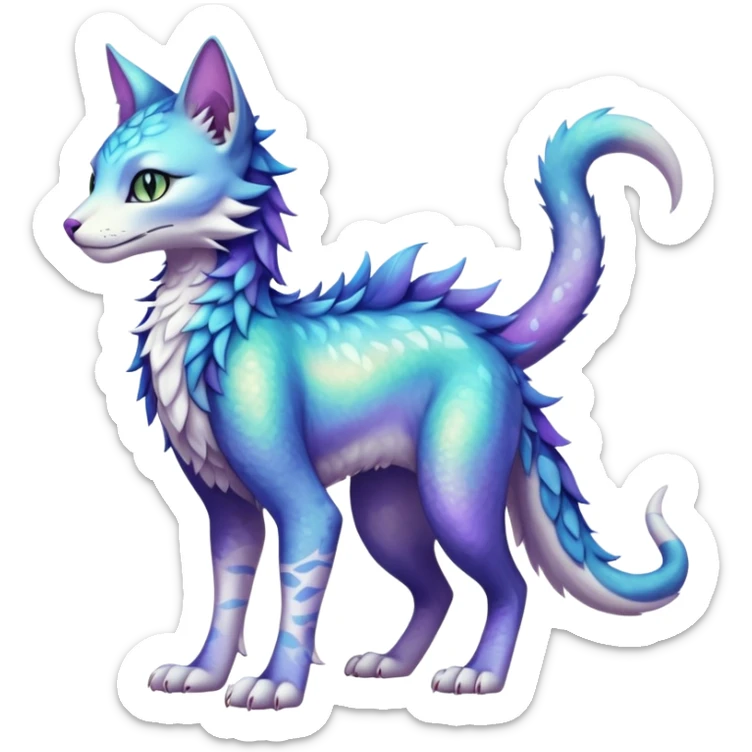 Kawaii iridescent beautiful pretty elegant divine edgy fantasy feline-vernid-sergal-fursona animal creature with a tufted tail full body with intricate markings  sticker