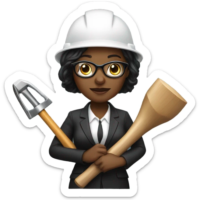 Black female lawyer with two hammers in her hand with reading glasses and a hard hat  sticker