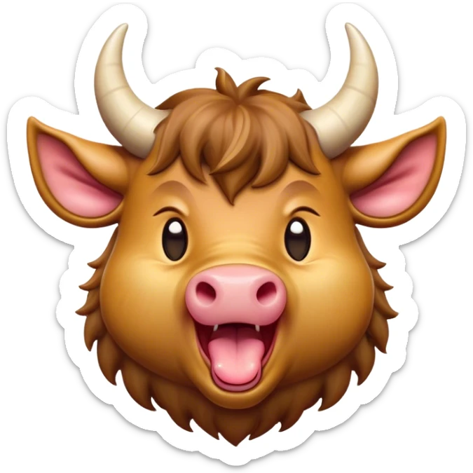 Cinematic Cute Yawning Domestic Ox Portrait Emoji, Head tilted slightly with a dramatic, wide-open yawn, showcasing a soft, textured hide with drooping horns and half-closed, drowsy eyes, Simplified yet irresistibly adorable features, highly detailed, glowing with a soft, cozy natural glow, high shine, relaxed yet expressive, stylized with a dash of pastoral whimsy, soft glowing outline, capturing the essence of a sleepy yet affectionate ox that seems ready to stretch out for a nap! sticker