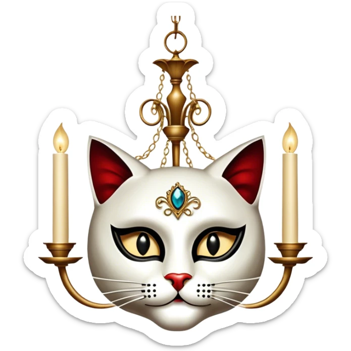 Icon for Musical Movie: A vintage movie poster-style design inspired by Cats or The Phantom of the Opera. Include dramatic theatrical elements like a mysterious mask, a grand chandelier, a cat in a costume, and a stage with dramatic lighting. Retro cinematic vibe. Transparent background. sticker