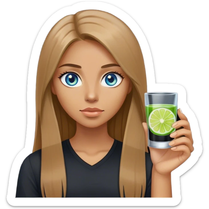 tan woman, black shirt, long light brown straight hair, grey blue eyes, holding a shot with lime sticker
