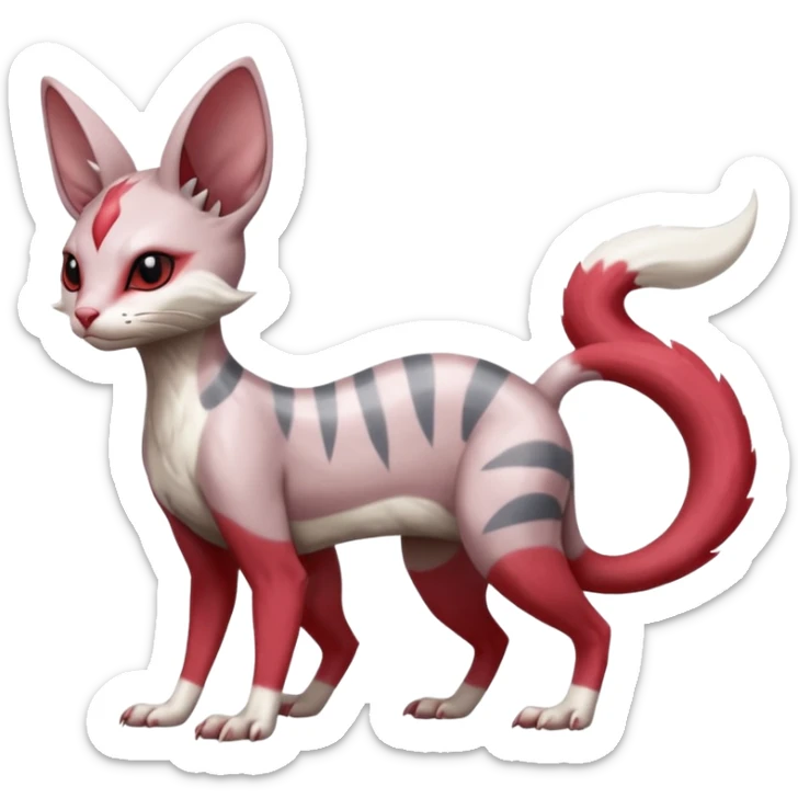 Minccino-Lykoi-Emolga-Sphynx-Zangoose-fusion-hybrid-animal-Fakémon-creature, full body, thin long sleek scaly tail, intricate markings sticker