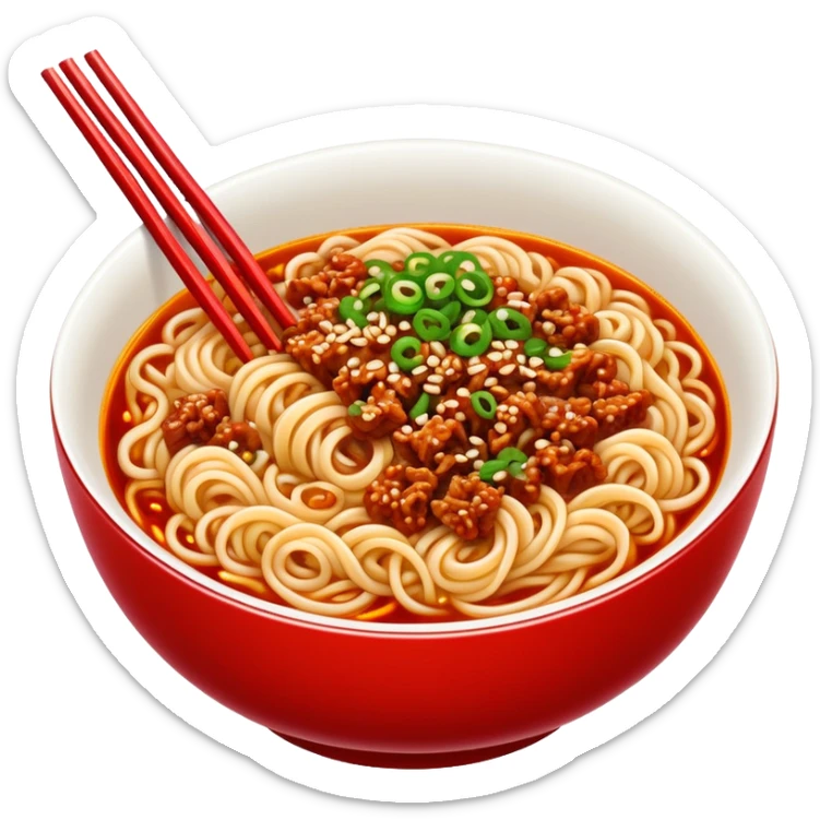 Chengdu Dan Dan Noodles with minced pork and chili oil, simplified emoji style with bold outlines and bright colors, cartoon style Sichuan street food in bowl sticker