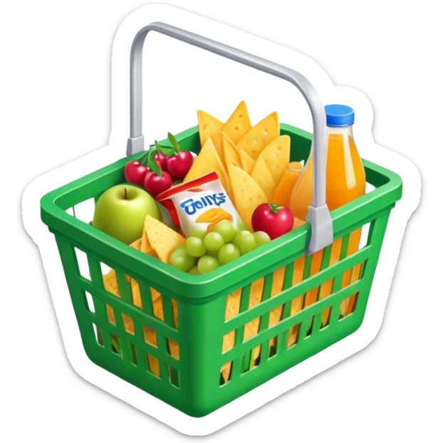 green grocery basket filled with chips, crackers, fruits, juice, isometric 3d realistic, colorful sticker