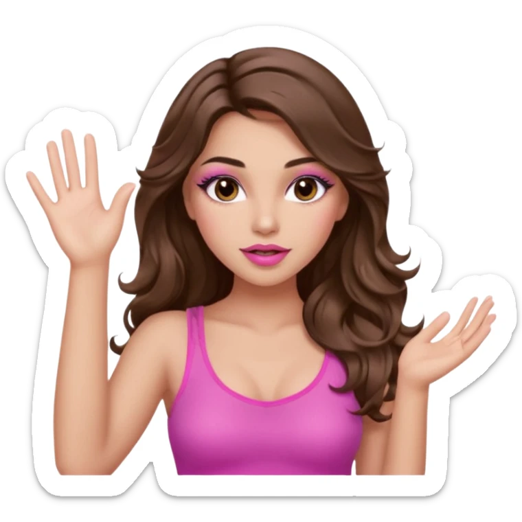 girl with long wavy brown hair, brown eyes, long lashes makeup, sexy pink lips, light to medium complexion, wearing a pink sexy top, one hand in the air high sticker