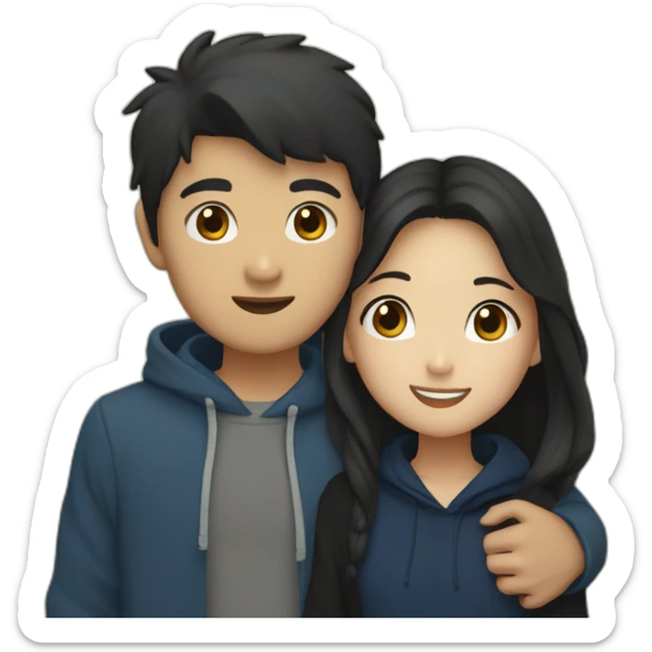 Asian boy with black hair and dark blue hoodie hugging girl with brown hair and black blouse sticker
