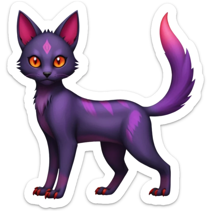 Black edgy Noibat-Purloin-Torracat-Lykoi-Caracal-cat-Fakemon-fusion-hybrid-creature with violet and red scale markings sticker