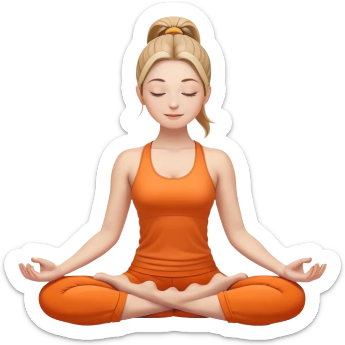 white woman with ponytail hairstyle in lotus position meditation yoga pose, closed eyes with a gentle smile, wearing orange yoga outfit sticker
