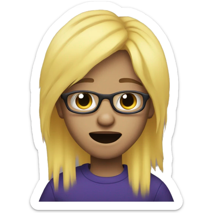 a kid yellow hair and purple glasses crying with black and blue clothes sticker