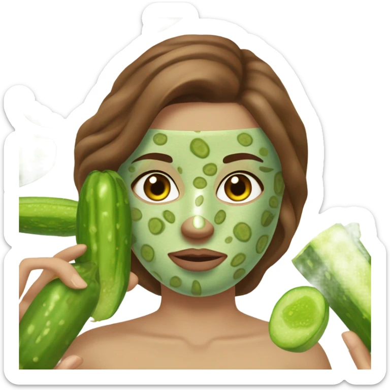 Girl with freackles Brown hair and white skin wears skin care mask Thats Green and on top of that pickle on her closed eyes sticker