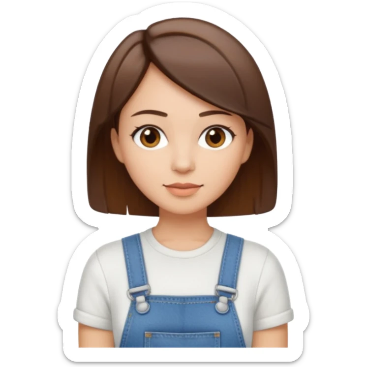 create an emoji of a woman but with short straight brown hair, light skin, dark brown eyes and white top with an overall sticker