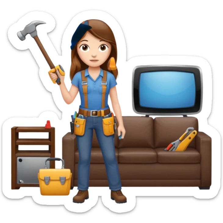 beautiful girl with long brown hair constructing new lounge room area with tv and couch sticker