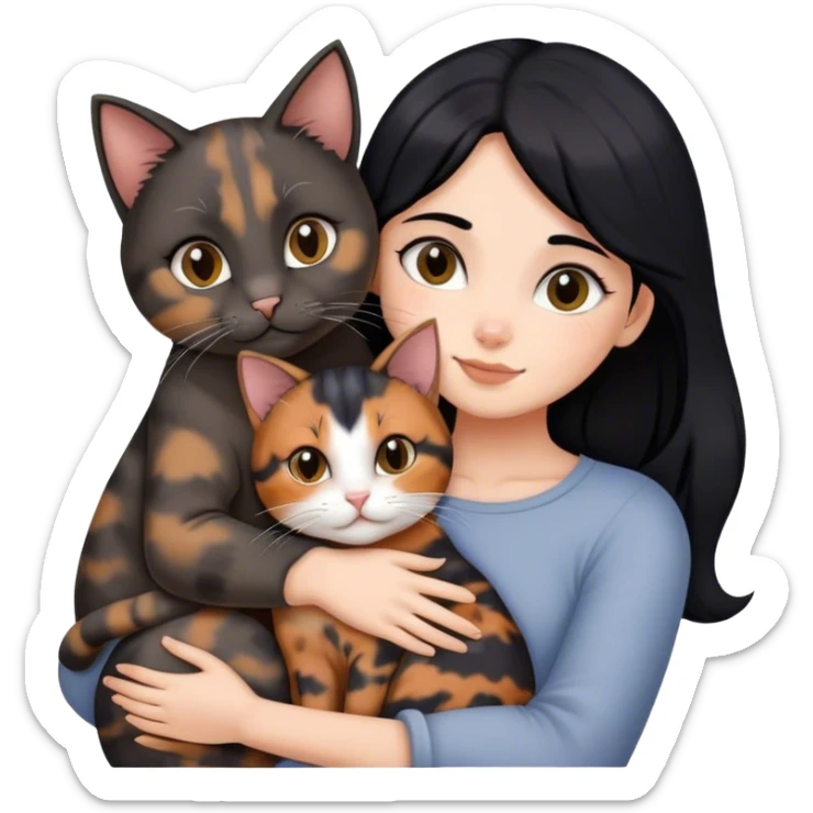 girl with black hair hugging three cats  (tortie cat, full gray cat, brown calico cat) sticker