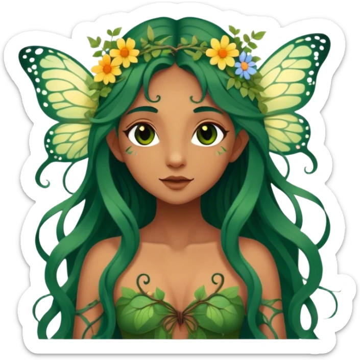 Cinematic Realistic Forest Nymph Fairy portrait, with butterfly wings and depicted with lifelike, sun-kissed tanned skin that radiates an earthy glow, softly illuminated by natural, dappled light. Her long, flowing dark green hair is intricately detailed and interwoven with delicate vines and wildflowers, while her deep, soulful eyes mirror the wisdom of the forest. Dressed in an attire inspired by nature’s palette—with subtle botanical motifs—the portrait exudes a soft, enchanted glow that melds realism with woodland magic. sticker