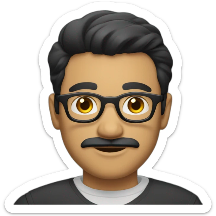 a light skin Pakistani man, wearing round glasses, short moustache, black hair, collared shirt, structured manly face sticker