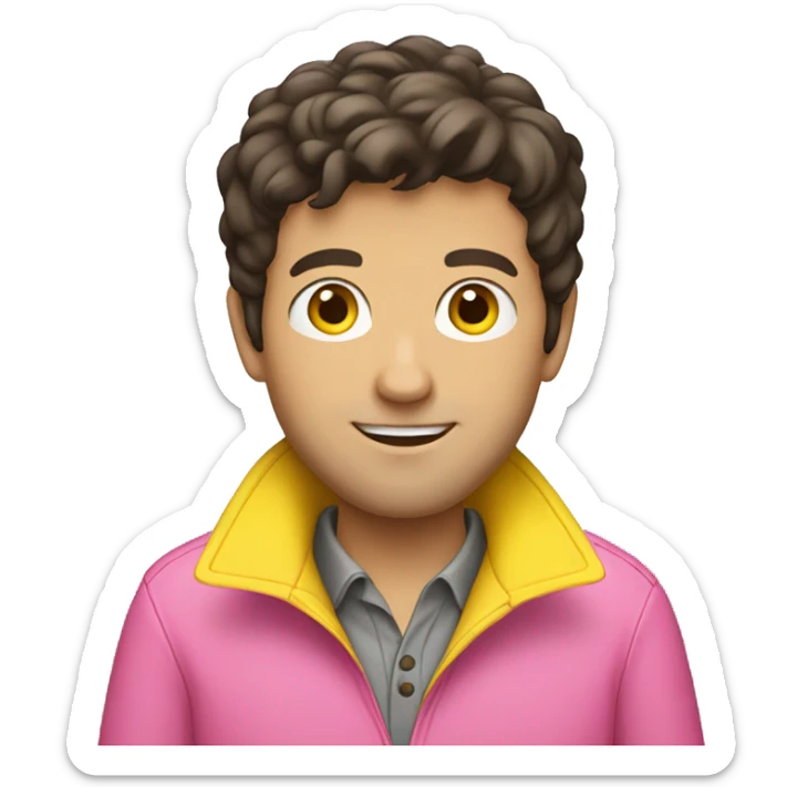 dark brown haired adult man wearing pink polo and yellow raincoat sticker