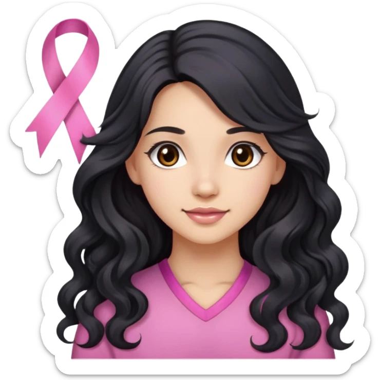 Beautiful girl with long wavy black hair, brown eyes, light skin, slight smile, and pink ribbon in hair sticker