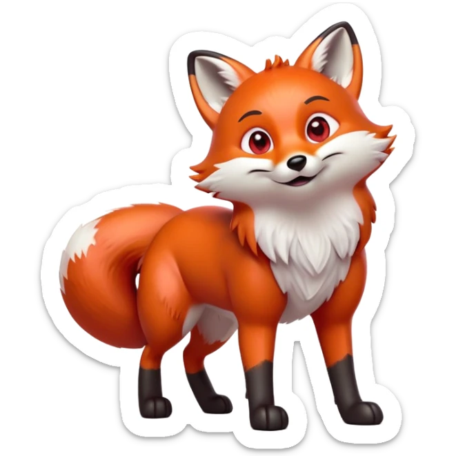 cinematic-[fox]-realistic-full-body-standing on all fours-emoji,-tail-tucked-close,-head-tilted-dramatically,-fox-[red]-fur,-simplified-yet-realistic-focused-features,-highly-detailed,-glowing-with-an-almost-sarcastic-glow  =expressive eyes sticker