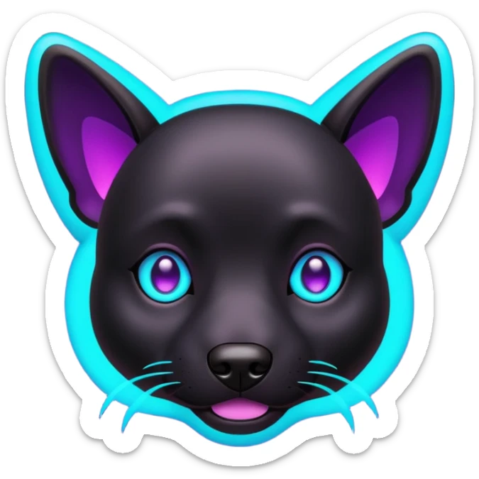futuristic glowing black dog emoji, neon cyan eyes, purple #8B5CF6 highlights, tech minimal style, dark background sticker