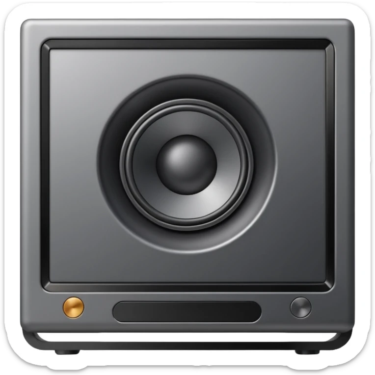 Minimal emoji icon of a modern metallic studio monitor, front view, detailed geometry, dark metallic body, subtle highlights, isolated sticker