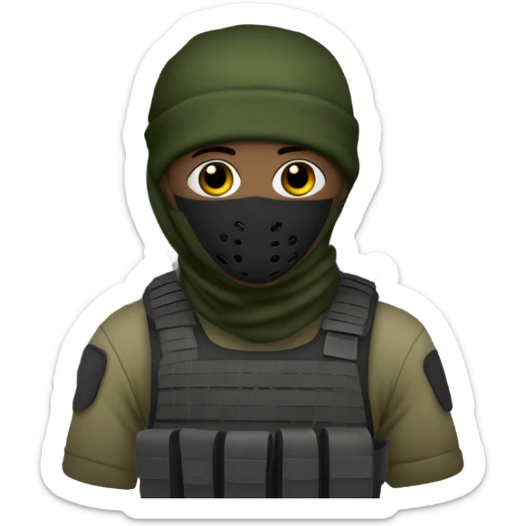 male, tall, white skin, black mask, green camo tactical gear, combat boots, black beanie, hazel eyes sticker