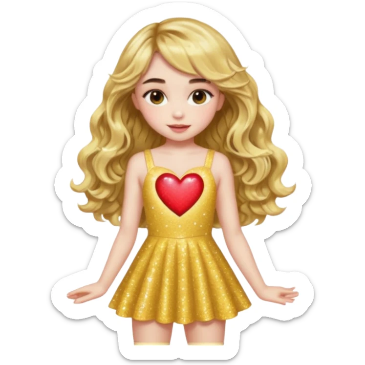 sabrina carpenter in yellow sparkly mini dress with a heart  and wavy long hair with wavy bangs sticker