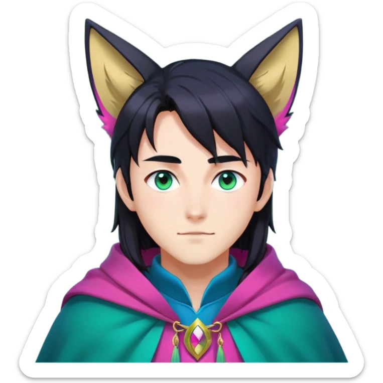 anime man with long-straight-dark-black hair, long black fox ears with pink Scapha, colorful-gradient-brown-turquoise eyes, gold earring, dark-blue-sweater, green cape,  sticker