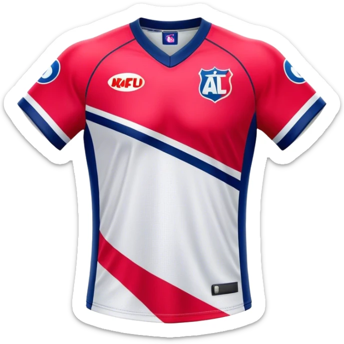 Cinematic Realistic image of an AFL jersey rendered in vibrant team colors with detailed fabric textures and dynamic creases, illuminated by bold, stadium lighting that accentuates its sporty character sticker