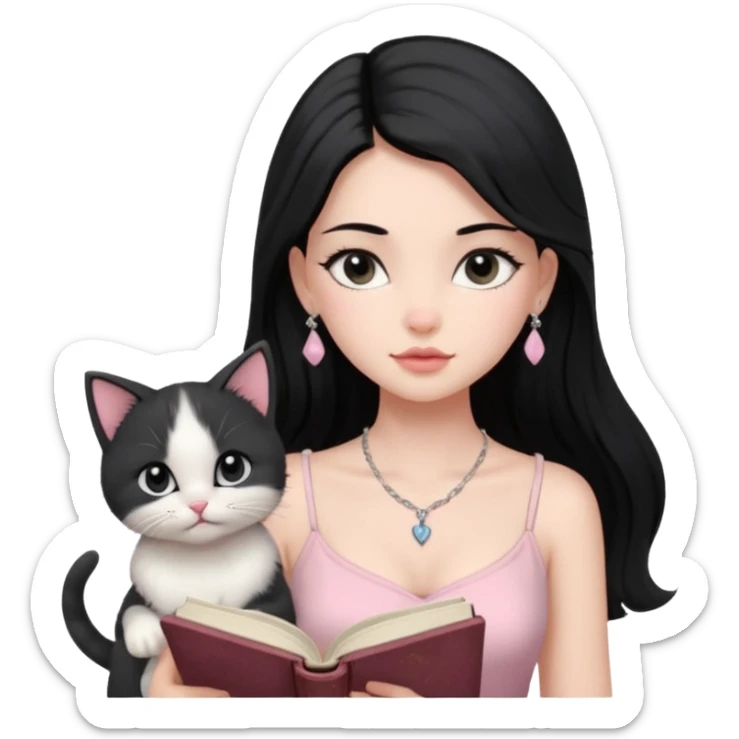 Menina branca ,cabelos cor preta longos, olhos cor preta puxados para cima. Cílios longos, lábios grossos ,nariz pequeno ,vestido rosa claro de alça. Colar e brinco delicado. Lendo um livro com gatinho preto e branco. sticker