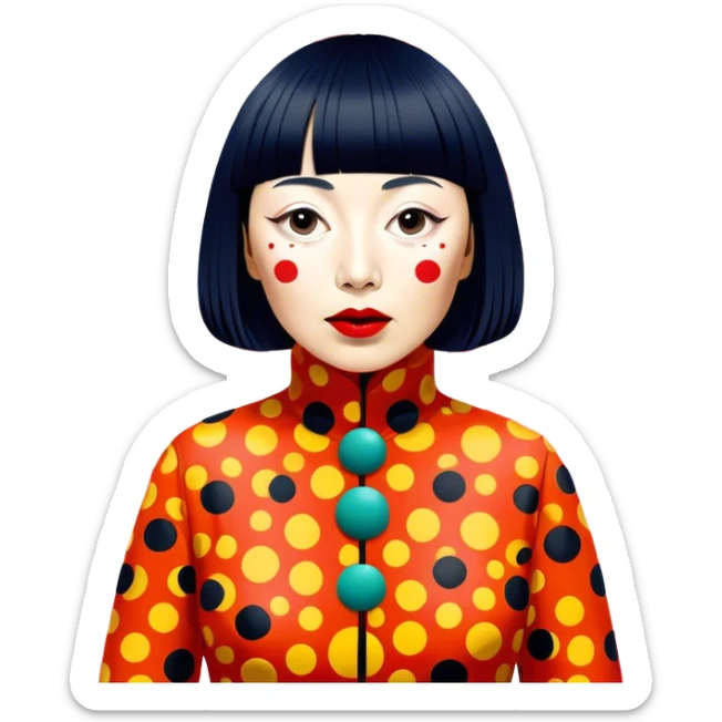 Yayoi Kusama – Cinematic Realistic Portrait of Yayoi Kusama, depicted as an avant-garde artist with an eccentric, captivating expression surrounded by her iconic polka dot patterns, rendered with vivid textures and imaginative lighting that evokes her unique, surreal creative world. sticker