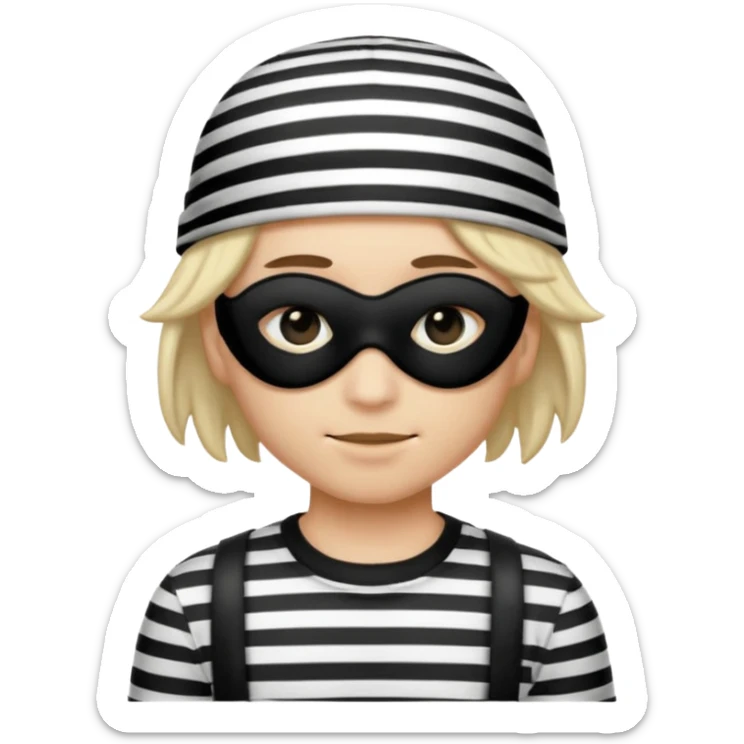 Realistic ios emoji-style portrait of a classic burglar, a black eye mask and a black-and-white striped shirt. Highly detailed, natural skin texture, soft cinematic lighting, realistic shadows, smooth gradients, clean outline, glossy reflections in the eyes. emoji-like hair, burglar’s hat  sticker