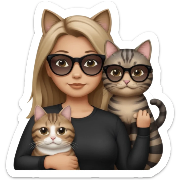 a single white woman with long light brown ombre hair past shoulders, wearing black clothes, smirking, very opaque black sunglasses, standing next to a chubby grey tabby cat with tabby stripes, also smirking and wearing very opaque black sunglasses, both centered together, simple neutral background sticker