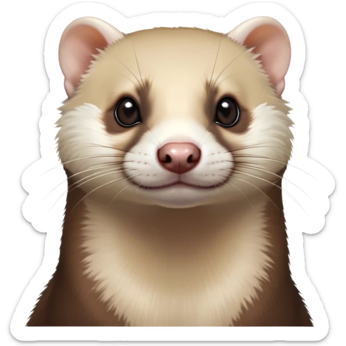 Cinematic Noble Ferret Portrait Emoji, Poised and dignified, with a sleek, elongated body and a distinct ferret head featuring a pointed snout, small, rounded ears, and intelligent, beady eyes, covered in soft, sleek fur with natural brown and cream hues, Simplified yet sharp and sophisticated features, highly detailed, glowing with a warm, natural glow, high shine, exuding an air of quiet confidence, focused and watchful, soft glowing outline, capturing the essence of a clever and majestic ferret that feels as though it could leap from the screen with effortless grace! sticker