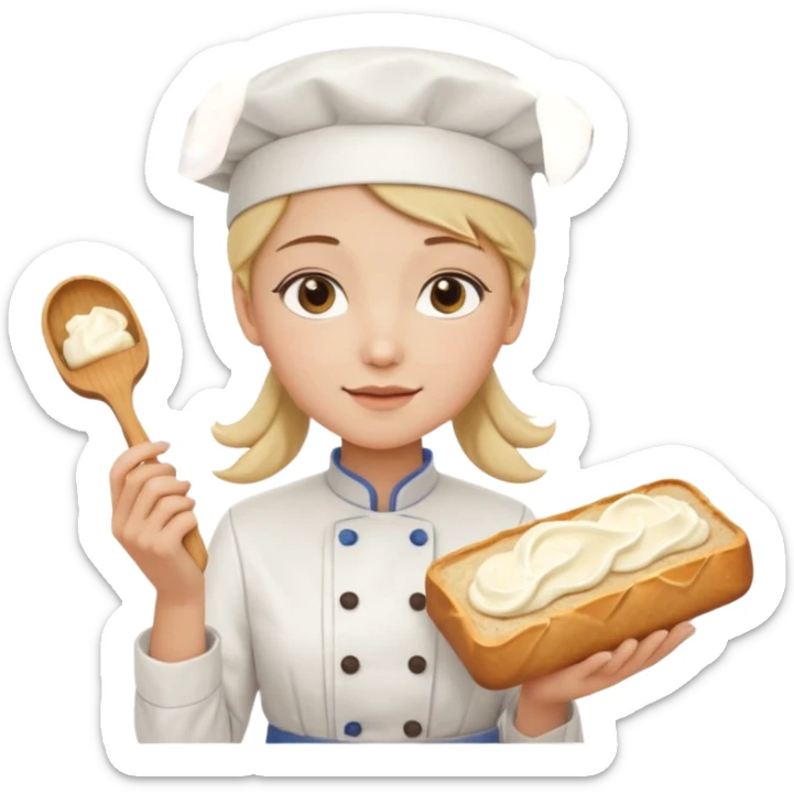 Young female baker - white chef hat, holding cream piping bag to milk oil on bread sticker