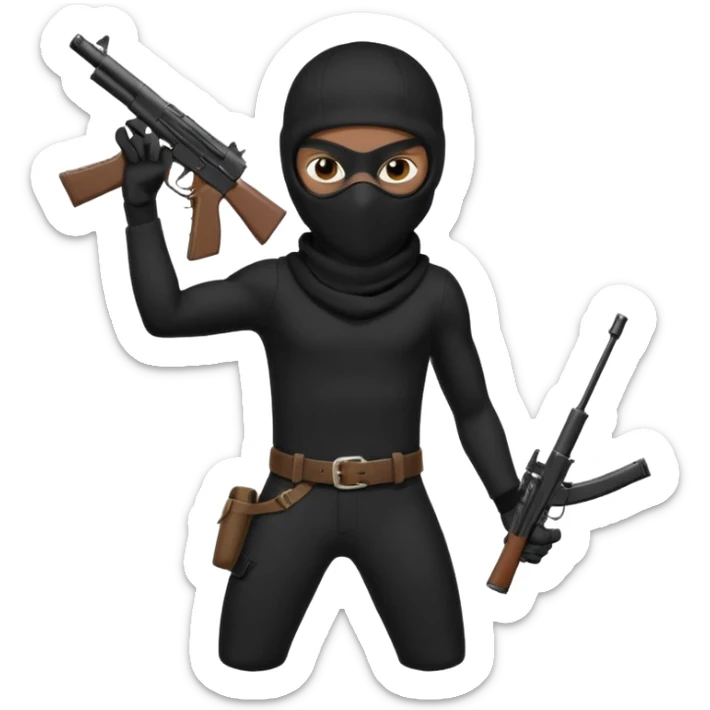 A young African male wearing a ski mask in full black clothing, holding a micro Draco gun in the air carelessly sticker