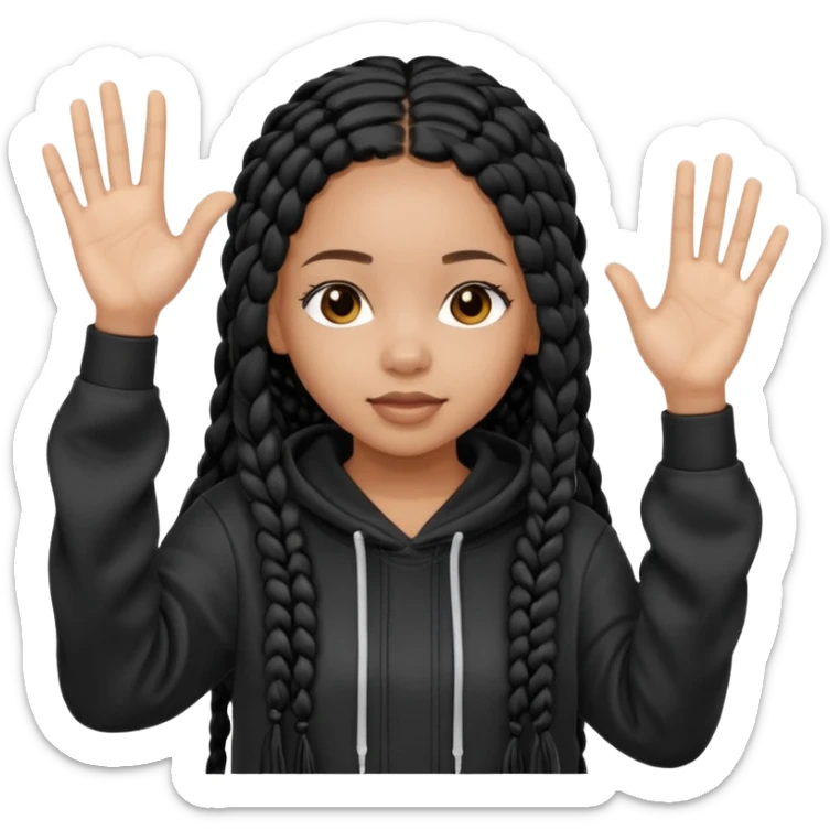 African American girl light skin complextion long black box braids  wearing plain black hoodie with hands raised sticker