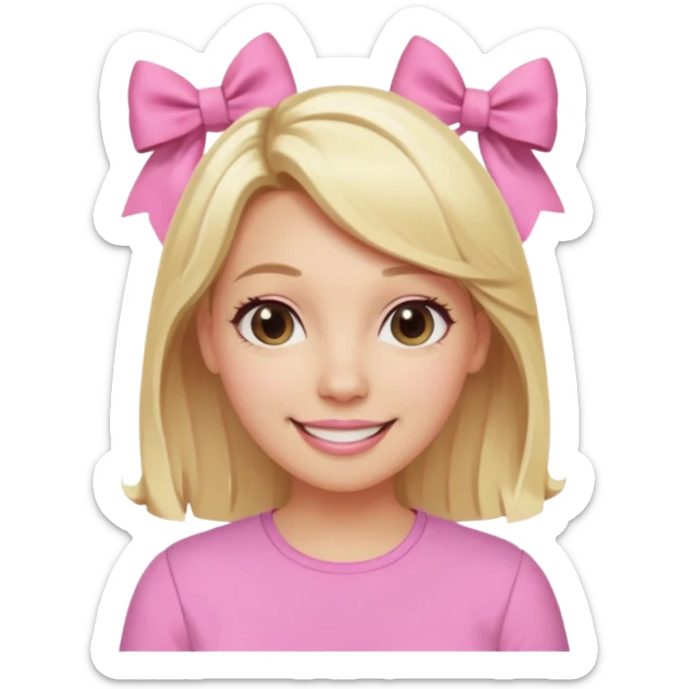 A mom with blonde hair and pink shirt coquett aesthetic style like bows and pink sticker